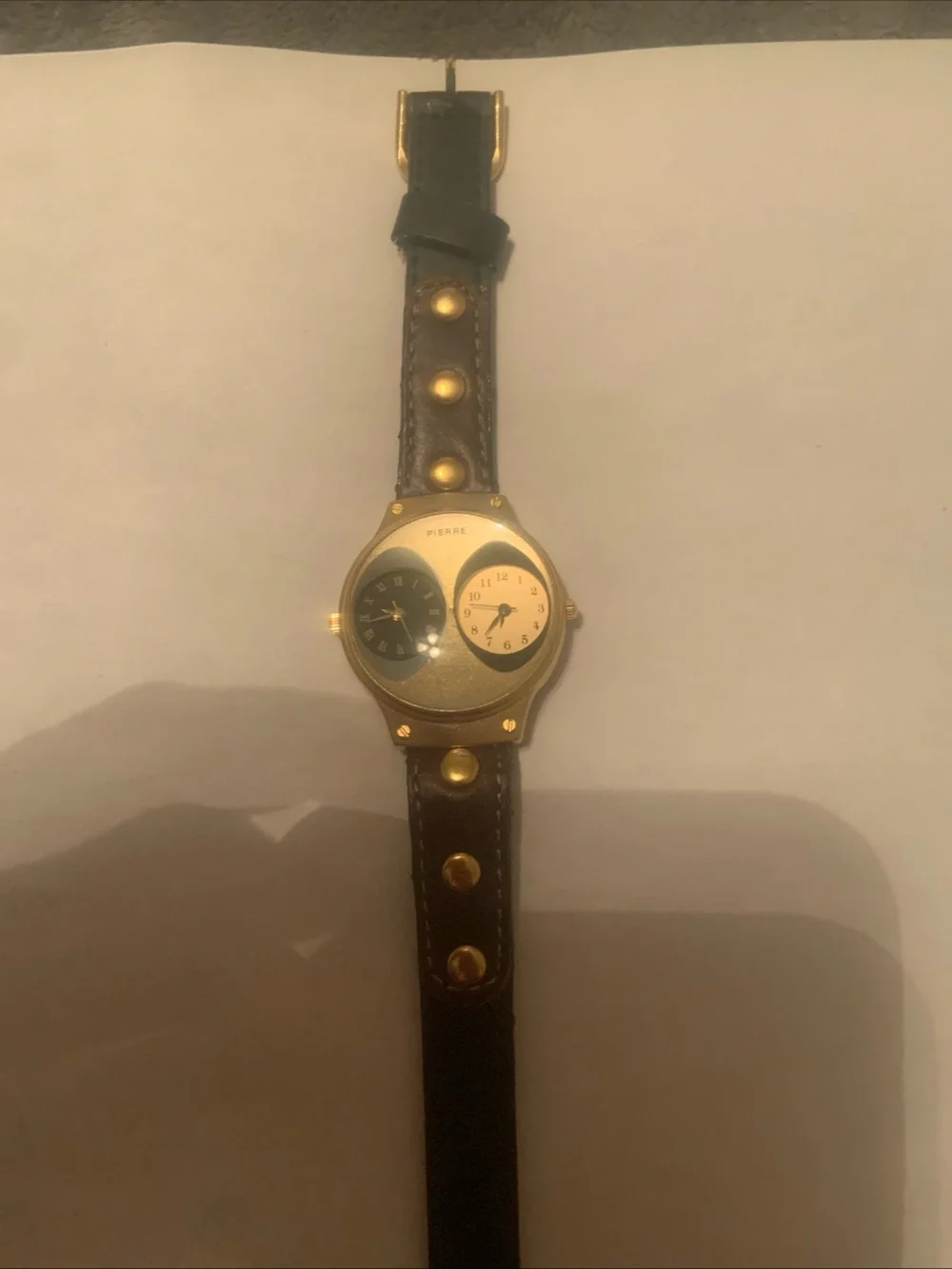 Pierre London boy Dual Time Gold-Tone Watch with Brown & black Leather Strap